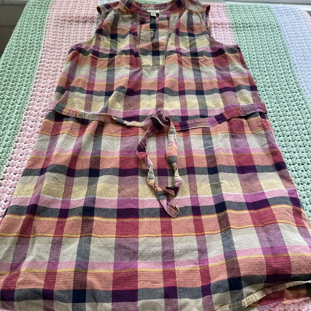 St John’s Bay Midi Sleeveless Summer Dress Plaid Belted Size Medium Pinks Beiges